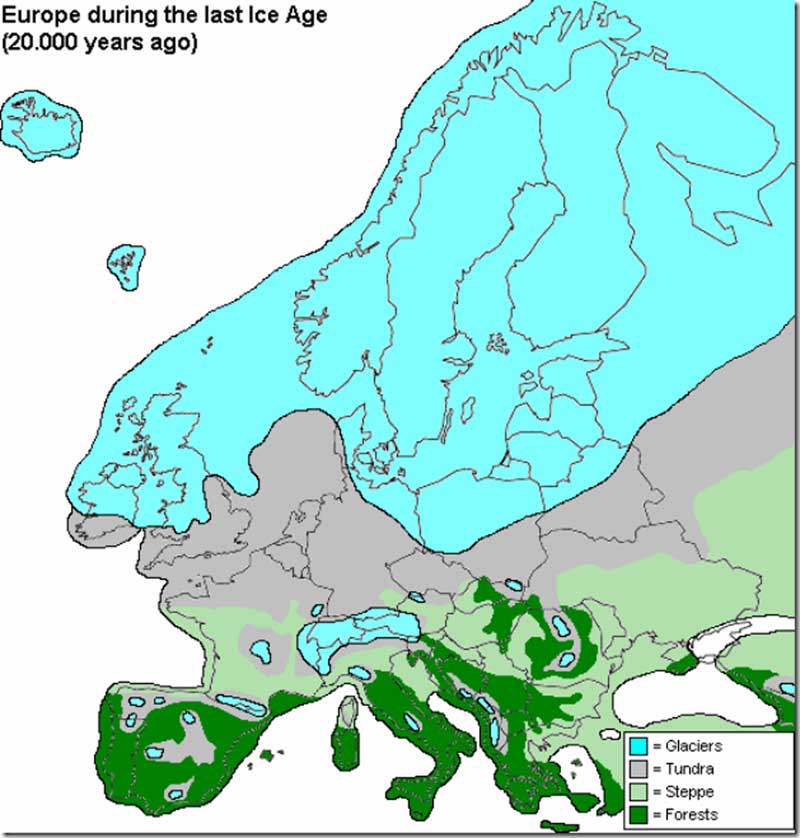 Карта која показује наводну покривеност западне Европе ледом пре 20.000 година