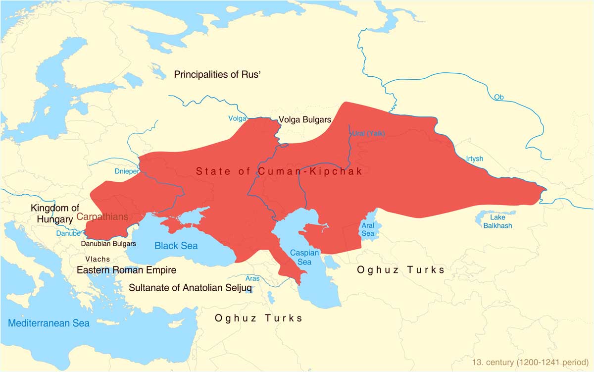 Црвеном бојом је обележено подручје на коме су владали Кумани